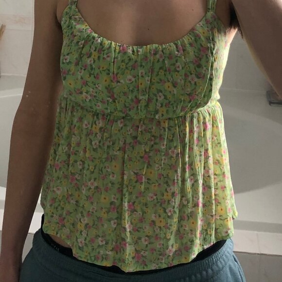 Milk Shop Lime Green Floral Spaghetti Strap Babydoll Summer Top Small - Picture 2 of 13